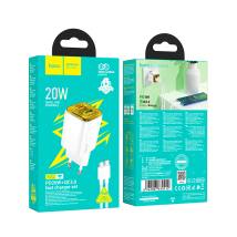 Φορτιστής Ταξιδίου Small Size Hoco N52 Monsoon PD20W QC3.0A GaN με 2 Εξόδους Φόρτισης 1xUSB και 1xUSB-C Λευκός + Καλώδιο σύνδεση