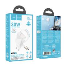 Φορτιστής Ταξιδίου Hoco N58  PD30W GaN με 1xUSB-C Θύρα και Αναδιπλούμενο Καλώδιο USB-C 65cm Λευκός