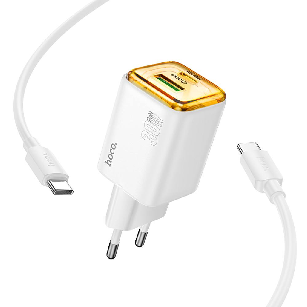 Φορτιστής Ταξιδίου Hoco N53 Monsoon Small Body GaN με 1xUSB-C PD30W και 1xUSB-A QC3.0A + Καλώδιο Φόρτισης 1m Λευκός