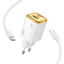 Φορτιστής Ταξιδίου Hoco N53 Monsoon Small Body GaN με 1xUSB-C PD30W και 1xUSB-A QC3.0A + Καλώδιο Φόρτισης 1m Λευκός