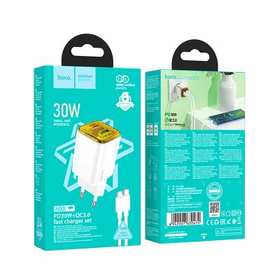 Φορτιστής Ταξιδίου Hoco N53 Monsoon Small Body GaN με 1xUSB-C PD30W και 1xUSB-A QC3.0A + Καλώδιο Φόρτισης 1m Λευκός