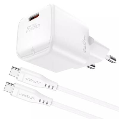 Φορτιστής Ταξιδίου Acefast A77 Mini Fast Charging 1xUSB-C PD30W QC3.0 GaN Λευκός + Καλώδιο USB-C σε USB-C