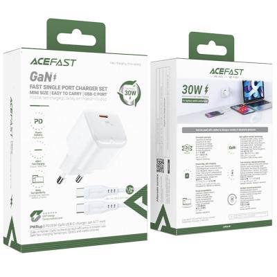 Φορτιστής Ταξιδίου Acefast A77 Mini Fast Charging 1xUSB-C PD30W QC3.0 GaN Λευκός + Καλώδιο USB-C σε USB-C