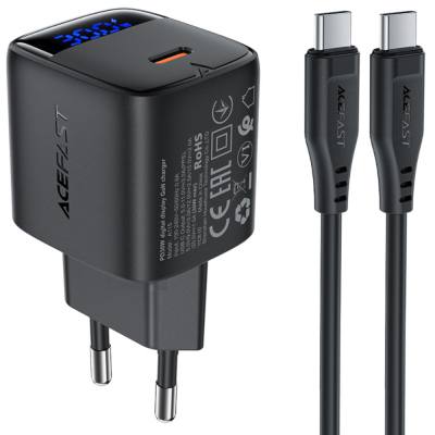 Φορτιστής Ταξιδίου Acefast A115 Fast Charging USB-C PD30W 3.0A GaN με LED Ένδειξη Φόρτισης + Καλώδιο USB-C σε USB-C Μαύρος