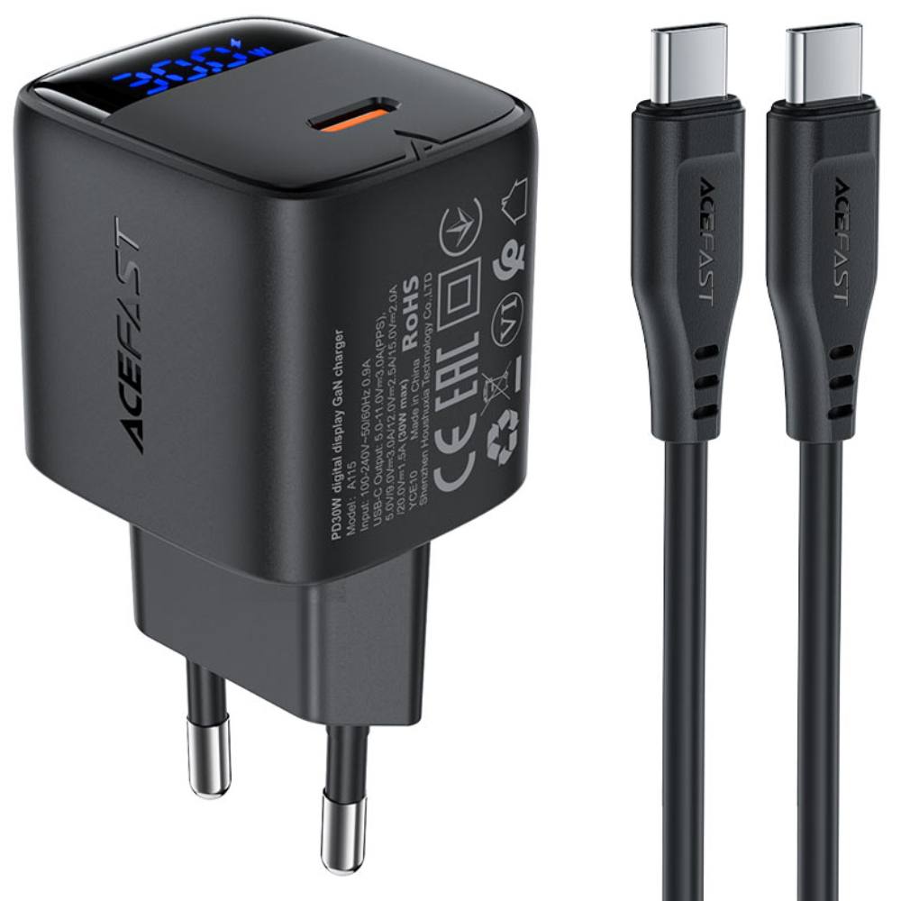 Φορτιστής Ταξιδίου Acefast A115 Fast Charging USB-C PD30W 3.0A GaN με LED Ένδειξη Φόρτισης + Καλώδιο USB-C σε USB-C Μαύρος