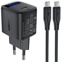 Φορτιστής Ταξιδίου Acefast A115 Fast Charging USB-C PD30W 3.0A GaN με LED Ένδειξη Φόρτισης + Καλώδιο USB-C σε USB-C Μαύρος