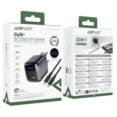 Φορτιστής Ταξιδίου Acefast A115 Fast Charging USB-C PD30W 3.0A GaN με LED Ένδειξη Φόρτισης + Καλώδιο USB-C σε USB-C Μαύρος