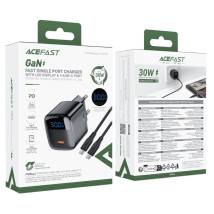 Φορτιστής Ταξιδίου Acefast A115 Fast Charging USB-C PD30W 3.0A GaN με LED Ένδειξη Φόρτισης + Καλώδιο USB-C σε USB-C Μαύρος