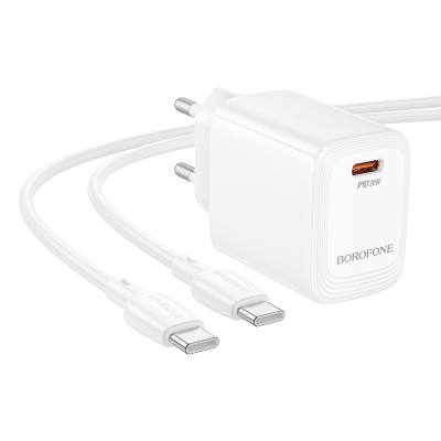 Φορτιστής Ταξιδίου Borofone BN26 Fuente Mini Size GaN USB-C PD20W  + Καλώδιο Φόρτισης USB-C σε USB-C Λευκός