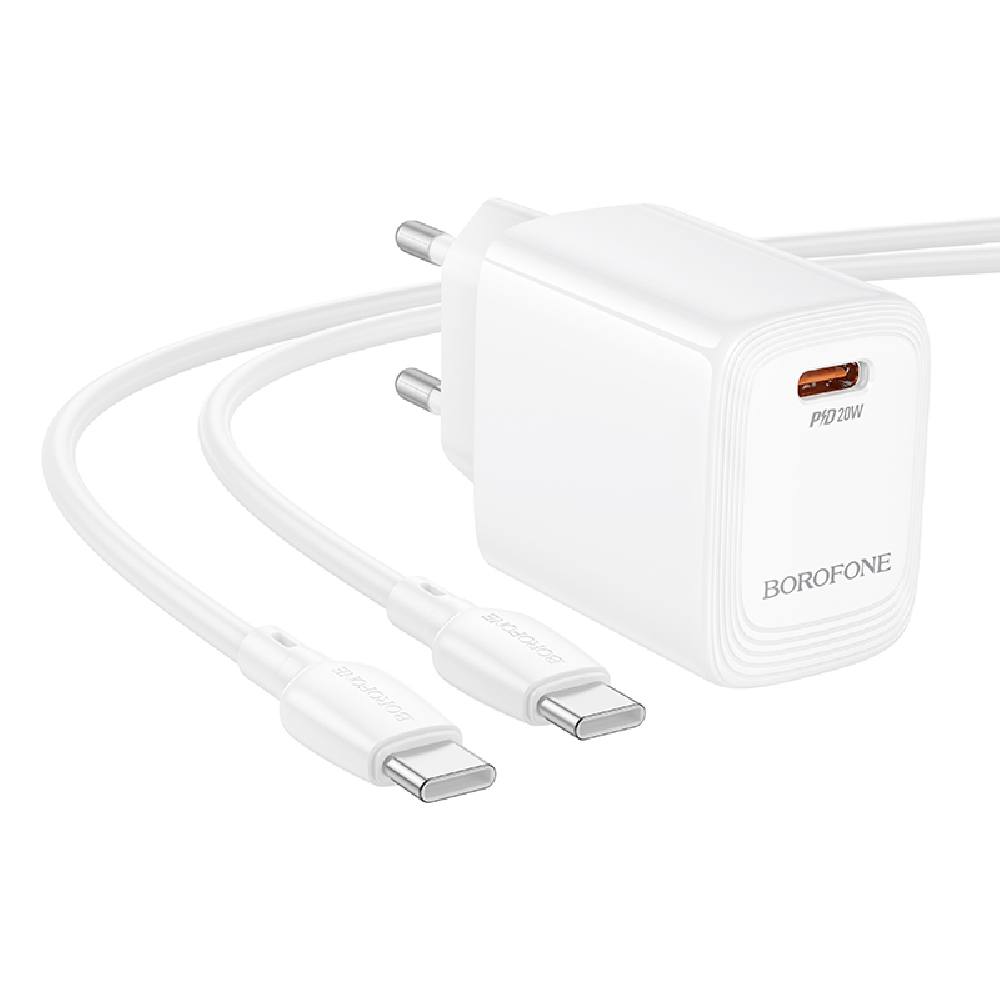 Φορτιστής Ταξιδίου Borofone BN26 Fuente Mini Size GaN USB-C PD20W  + Καλώδιο Φόρτισης USB-C σε USB-C Λευκός