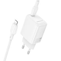Φορτιστής Ταξιδίου Borofone BN26 Fuente Mini Size GaN USB-C PD20W  + Καλώδιο Φόρτισης USB-C σε Lightning Λευκός