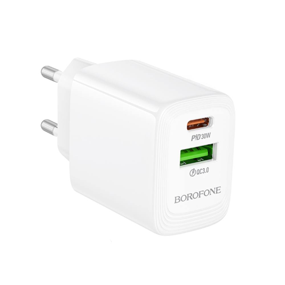 Φορτιστής Ταξιδίου Borofone BN29 Fuente GaN με 1xUSB-C PD30W και 1xUSB-A QC3.0A Λευκός