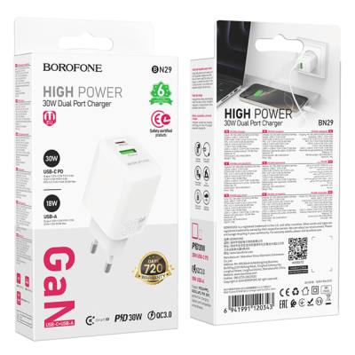 Φορτιστής Ταξιδίου Borofone BN29 Fuente GaN με 1xUSB-C PD30W και 1xUSB-A QC3.0A Λευκός