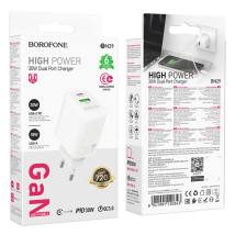 Φορτιστής Ταξιδίου Borofone BN29 Fuente GaN με 1xUSB-C PD30W και 1xUSB-A QC3.0A Λευκός