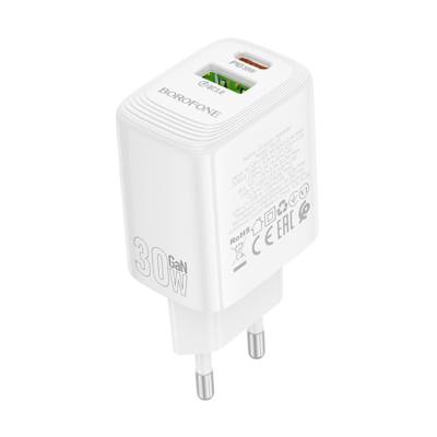Φορτιστής Ταξιδίου Borofone BN29 Fuente GaN με 1xUSB-C PD30W και 1xUSB-A QC3.0A Λευκός