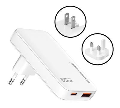 POWERTECH φορτιστής τοίχου PT-1532, EU/UK/CN βύσμα, USB/USB-C, 65W, GaN, λευκός
