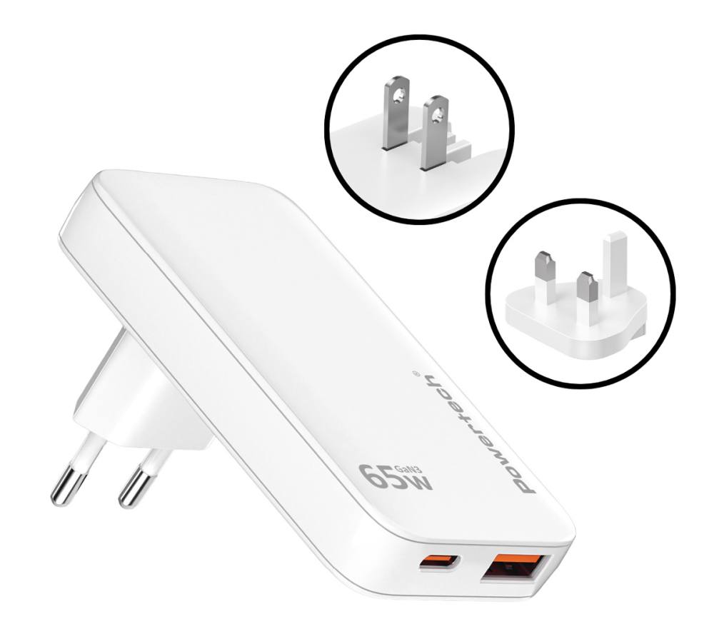 POWERTECH φορτιστής τοίχου PT-1532, EU/UK/CN βύσμα, USB/USB-C, 65W, GaN, λευκός