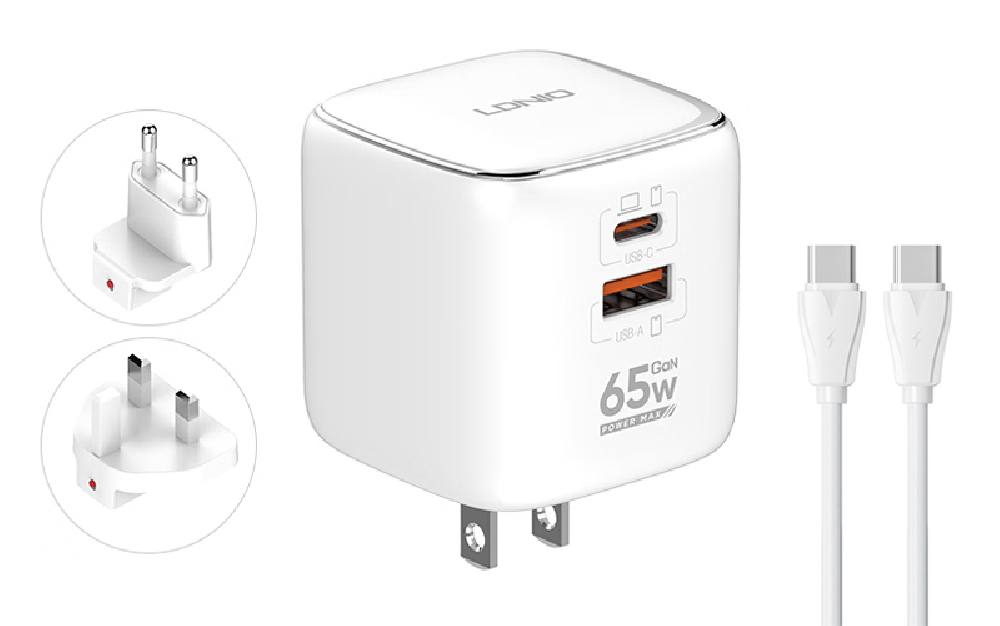 LDNIO φορτιστής τοίχου Q2617 με καλώδιο USB-C, EU/UK/US βύσμα, USB/USB-C, 65W, GaN, λευκός