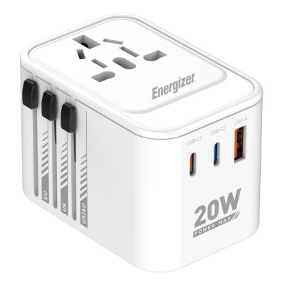Παγκόσμιος Φορτιστής Ταξιδίου Energizer ETC200 US/AU UK EU με 1xUSB-A 18W και 2xUSB-C 20W/12W Λευκός