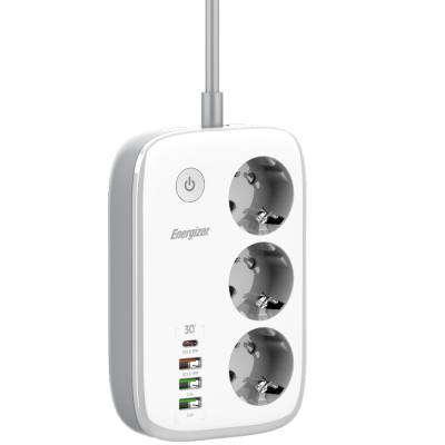 Επιτραπέζιος Φορτιστής Energizer EPB2500W02EU 2500W 10A Max με 3xΣούκο + 1xUSB-C PD30W + 3xUSB-A 18W QC3.0 / 2.4A, Διακόπτη Ασφα