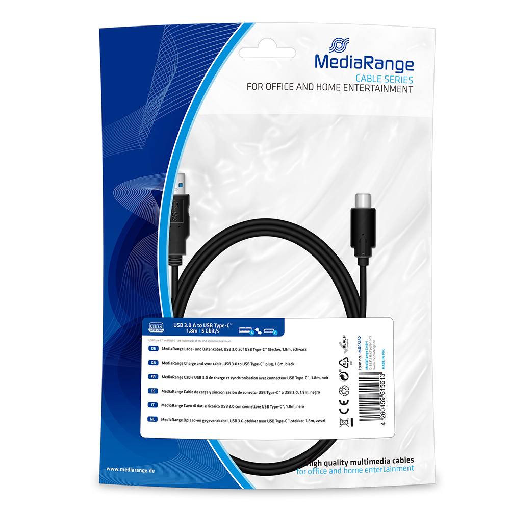 Καλώδιο MediaRange Charge and sync cable, USB 3.0 to USB Type-C plug, 1.8m, black