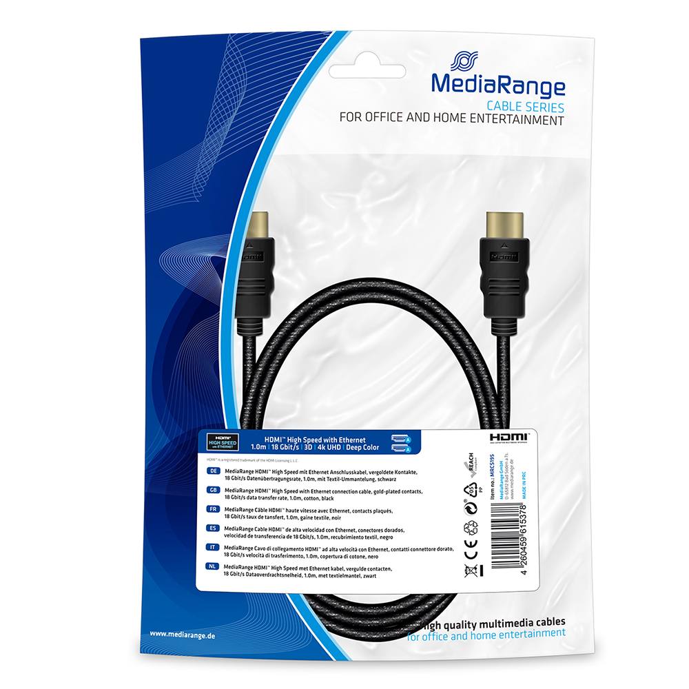 Καλώδιο MediaRange HDMI High Speed with Ethernet connection, gold-plated contacts, 18 Gbit/s data transfer rate, 1.0m, cotton, 