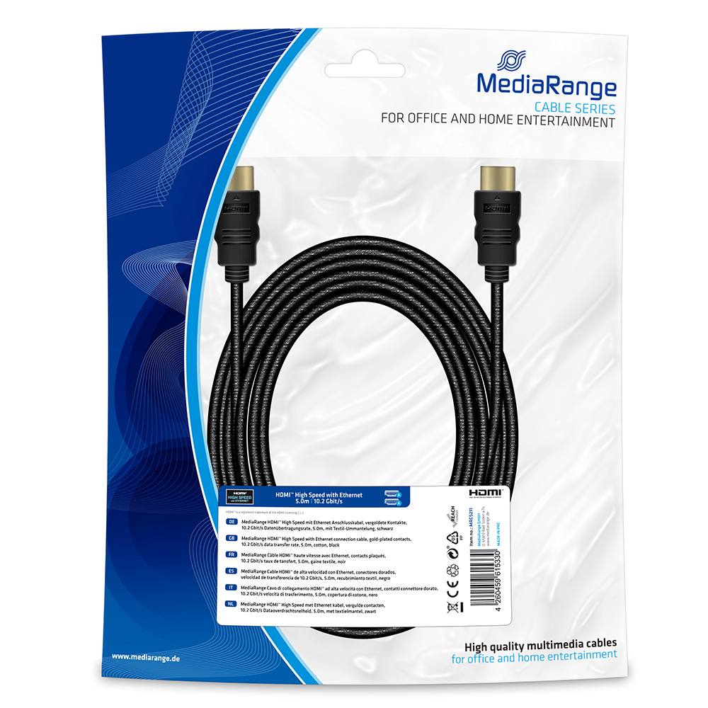 Καλώδιο MediaRange HDMI 10.2 Gbit/s data transfer rate, 5.0m, cotton, black