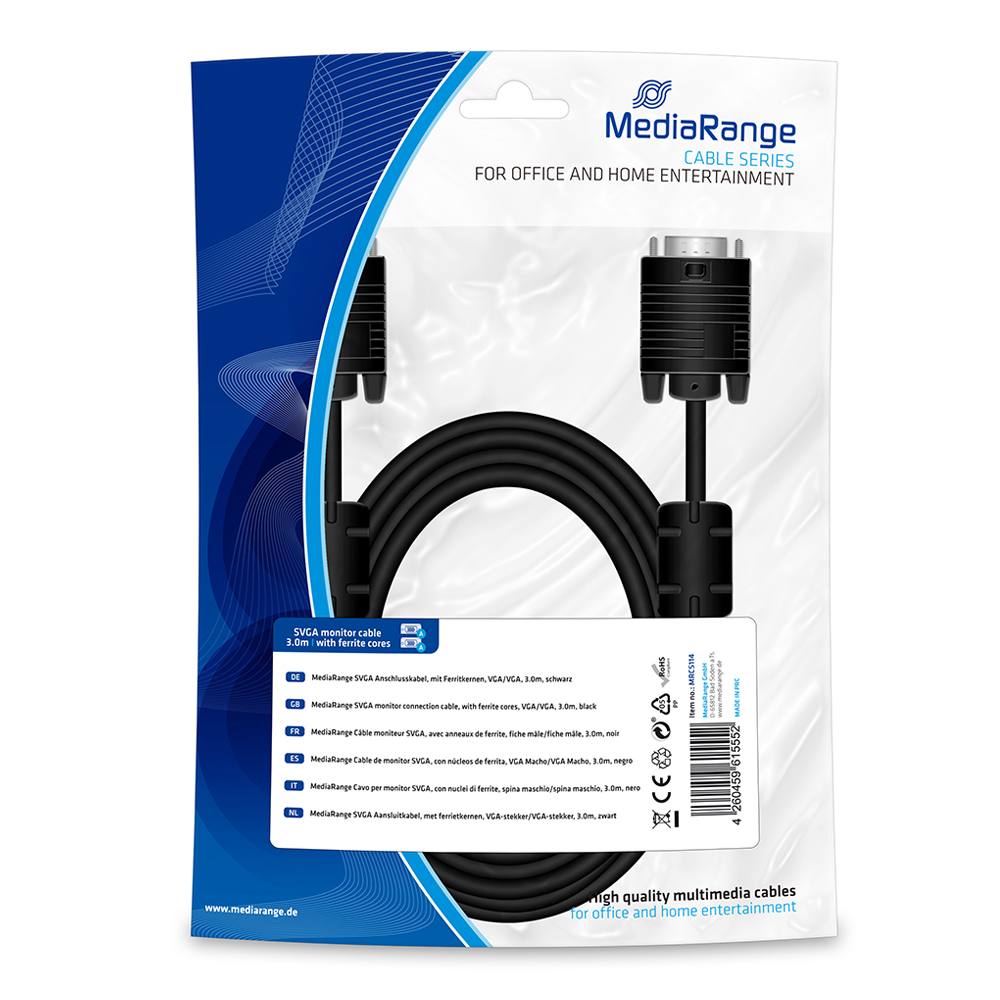 Καλώδιο MediaRange SVGA monitor connection cable, with ferrite cores, VGA/VGA, 3.0m., Black