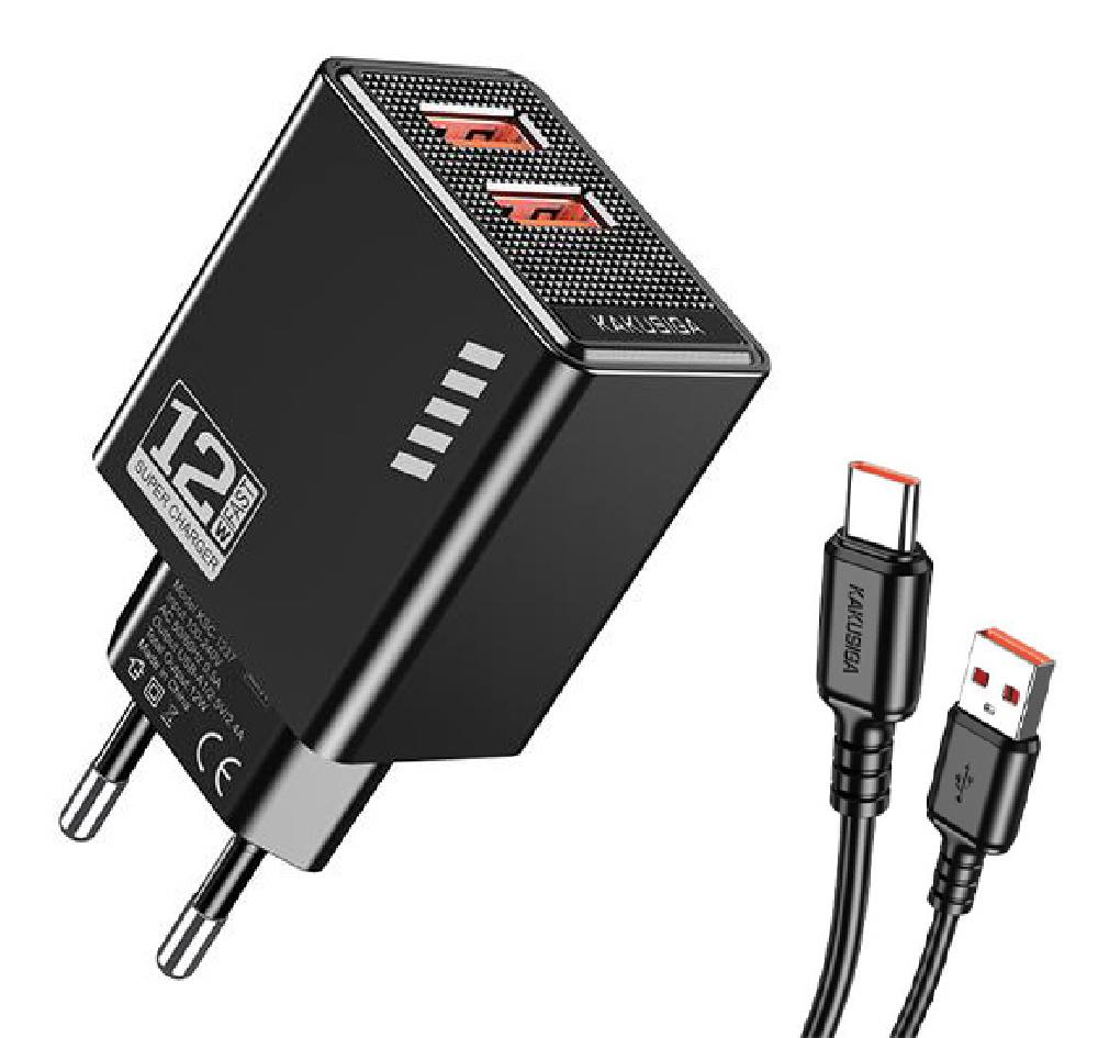 KAKUSIGA φορτιστής τοίχου KSC-1238 με καλώδιο USB-C, 2x USB, 12W, μαύρος