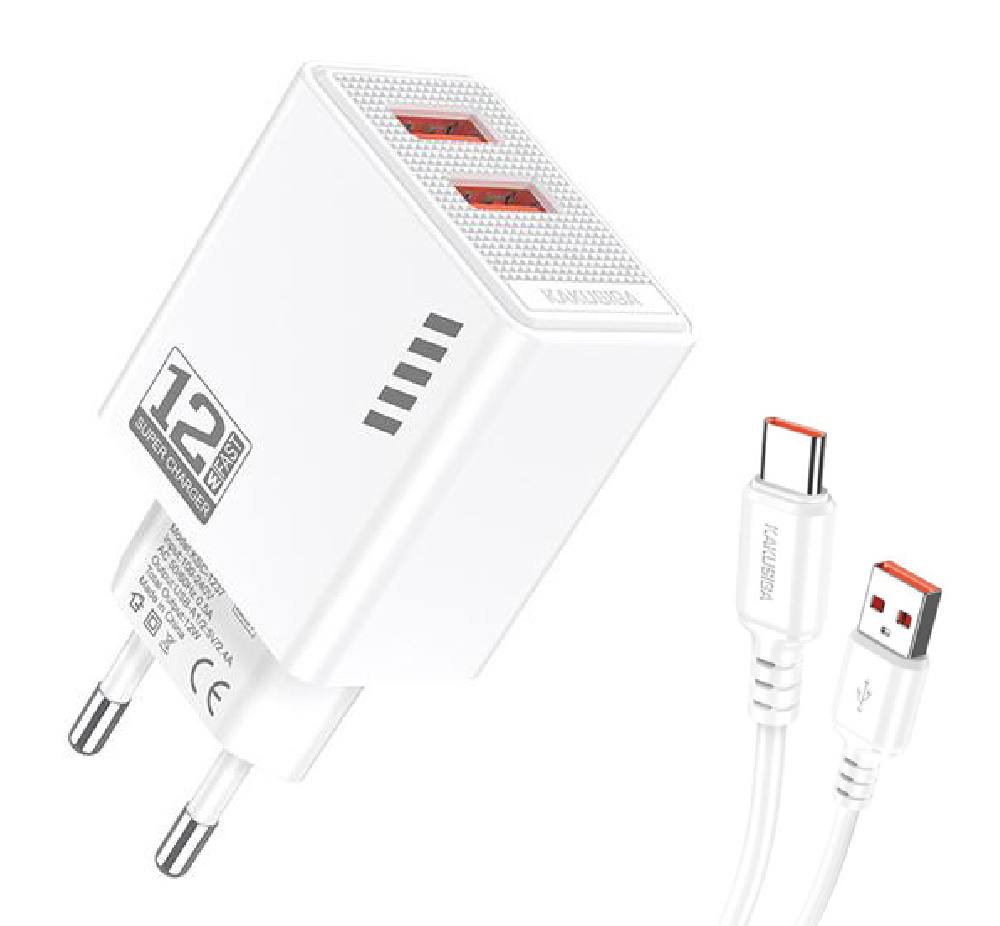 KAKUSIGA φορτιστής τοίχου KSC-1238 με καλώδιο USB-C, 2x USB, 12W, λευκός
