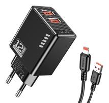 KAKUSIGA φορτιστής τοίχου KSC-1238 με καλώδιο Lightning, 2x USB, 12W, μαύρος