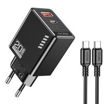 KAKUSIGA φορτιστής τοίχου KSC-1240 με καλώδιο USB-C, USB & USB-C, 20W, μαύρος