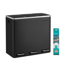 Songmics Μεταλλικός Τριπλός Κάδος Απορριμμάτων από Ανοξείδωτο Ατσάλι με 3 Πεντάλ και Σύστημα Soft-Close 54 Lt Χρώματος Μαύρο (LT