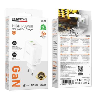Φορτιστής Ταξιδίου Borofone BN30 Cargador GaN με 1xUSB-C PD45W και 1xUSB-A QC PD18W Λευκός