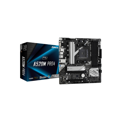 ASROCK MB A520M PRO4, SOCKET AMD AM4, CS AMD A520, 4 DIMM SOCKETS DDR4, HDMI/ DP/ D-SUB, PCI-E GEN 3.0, GIGABIT LAN, MICRO-ATX, 