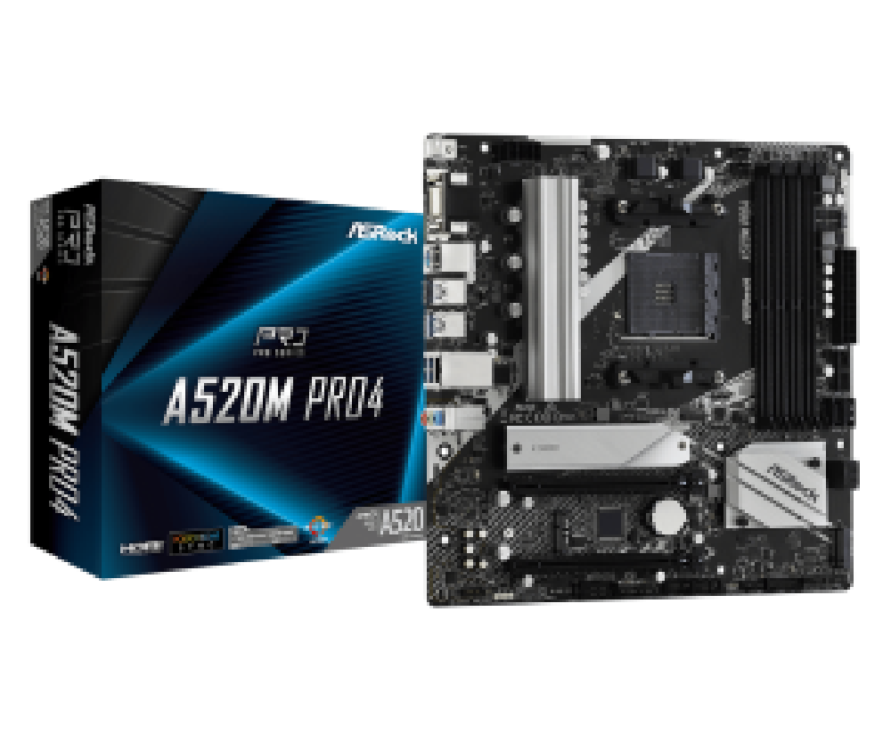 ASROCK MB A520M PRO4, SOCKET AMD AM4, CS AMD A520, 4 DIMM SOCKETS DDR4, HDMI/ DP/ D-SUB, PCI-E GEN 3.0, GIGABIT LAN, MICRO-ATX, 