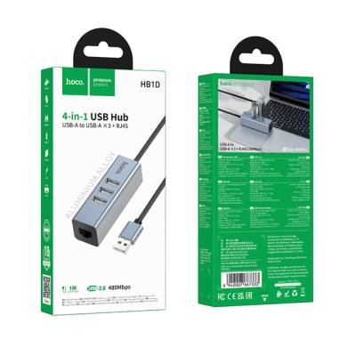 USB Hub Hoco HB1D 4-in-1 USB-A σε 3xUSB-A 2.0 + RJ45 εως 480Mbps Aluminum Alloy Γκρι