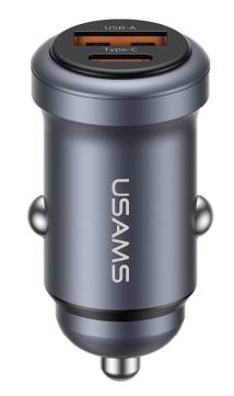 USAMS φορτιστής αυτοκινήτου CC322, USB & USB-C, 30W, γκρι
