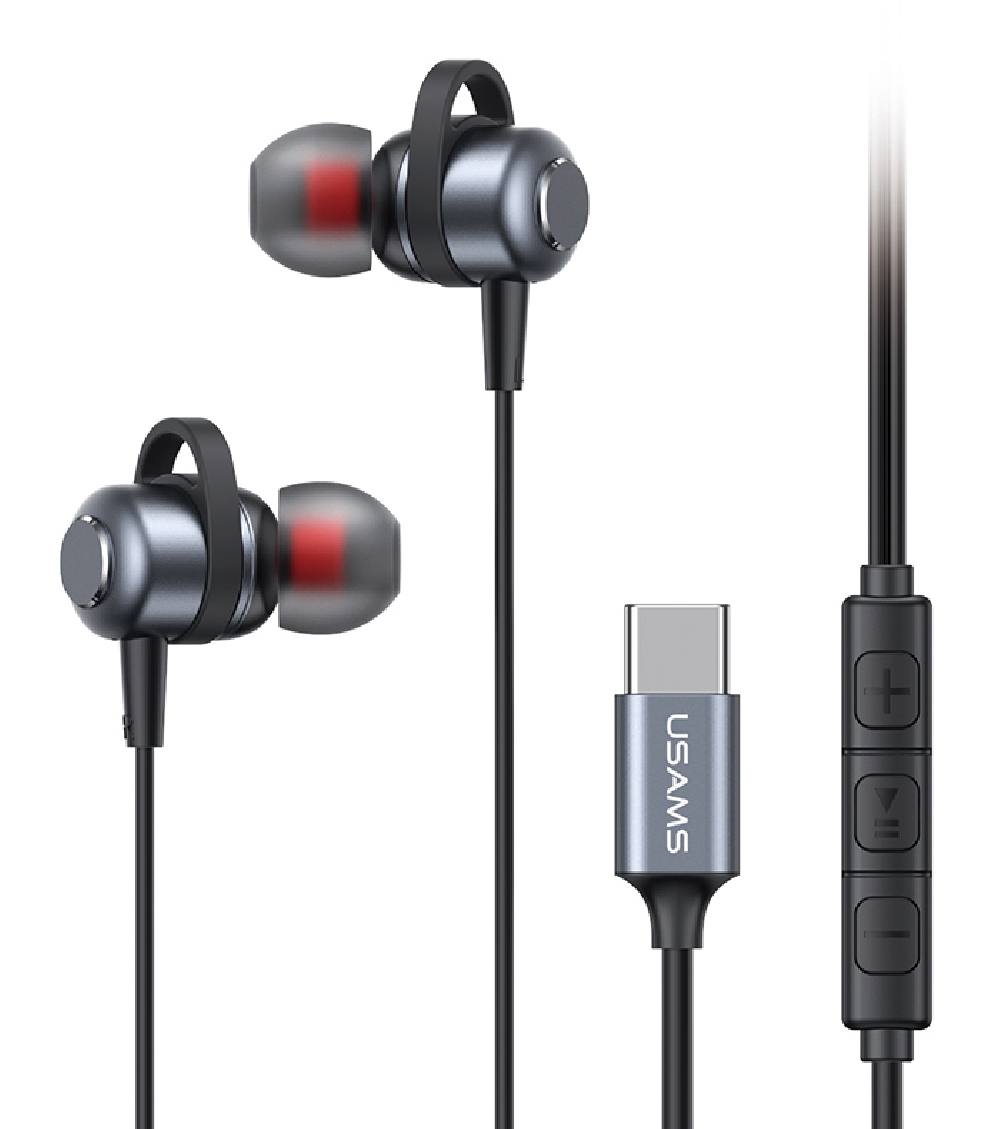 USAMS earphones με μικρόφωνο US-SJ758, USB-C σύνδεση, μεταλλικά, 1.2m, γκρι