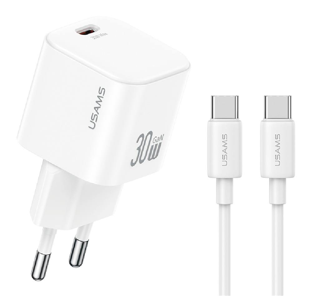USAMS φορτιστής τοίχου CC262 με καλώδιο USB-C, 30W, GaN, λευκός