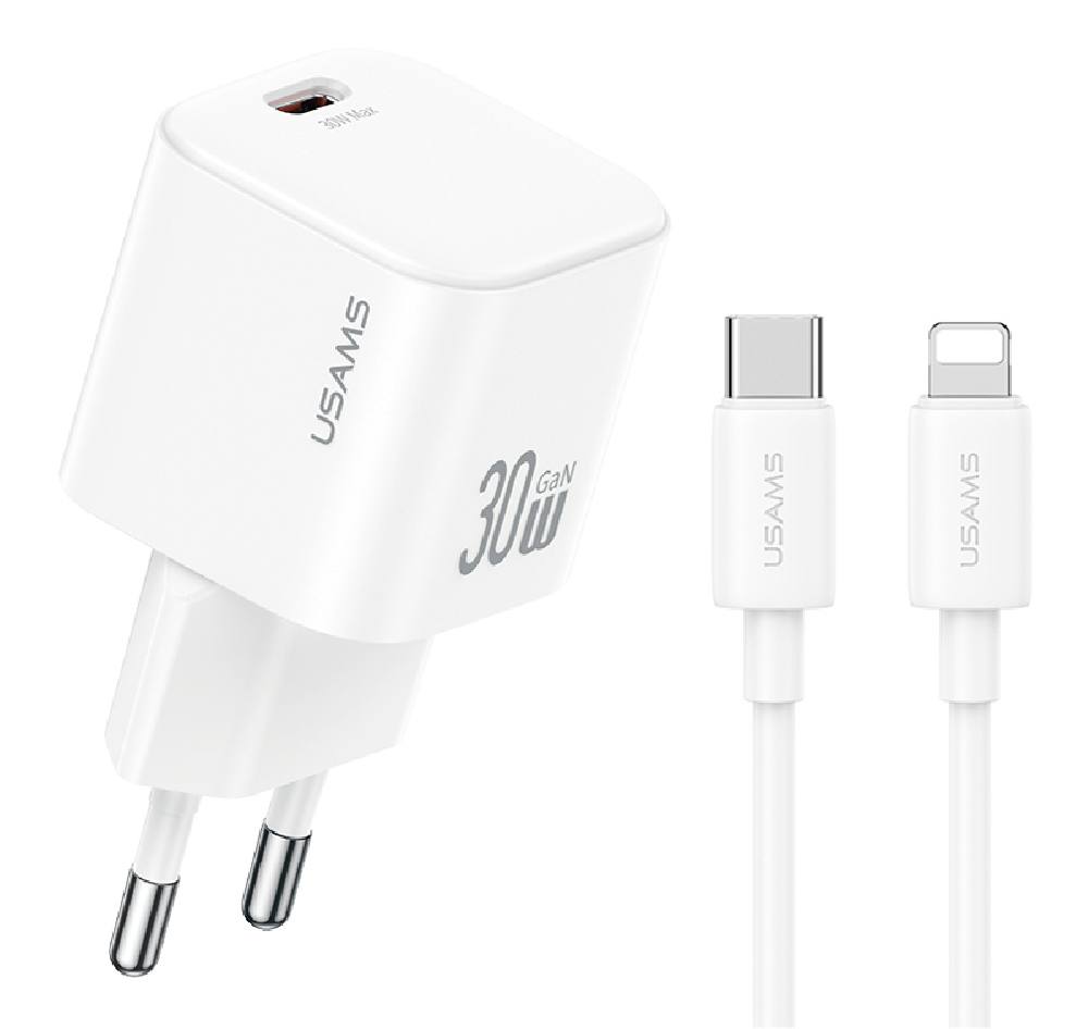 USAMS φορτιστής τοίχου CC262 με καλώδιο Lightning, 30W, GaN, λευκός