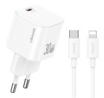USAMS φορτιστής τοίχου CC262 με καλώδιο Lightning, 30W, GaN, λευκός