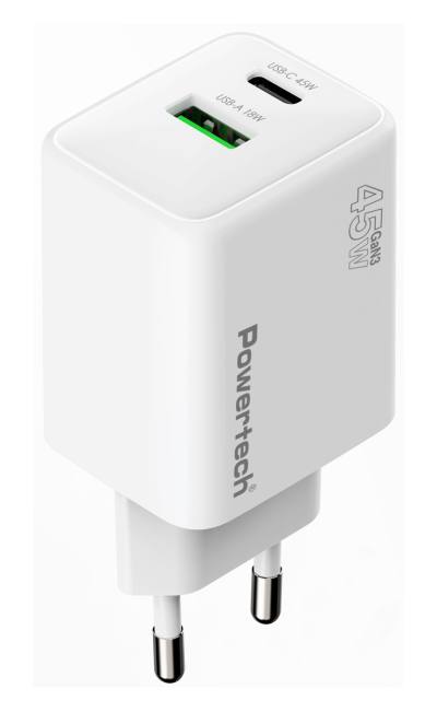 POWERTECH φορτιστής τοίχου PT-1551, USB/USB-C, 45W, GaN, AVS, λευκός