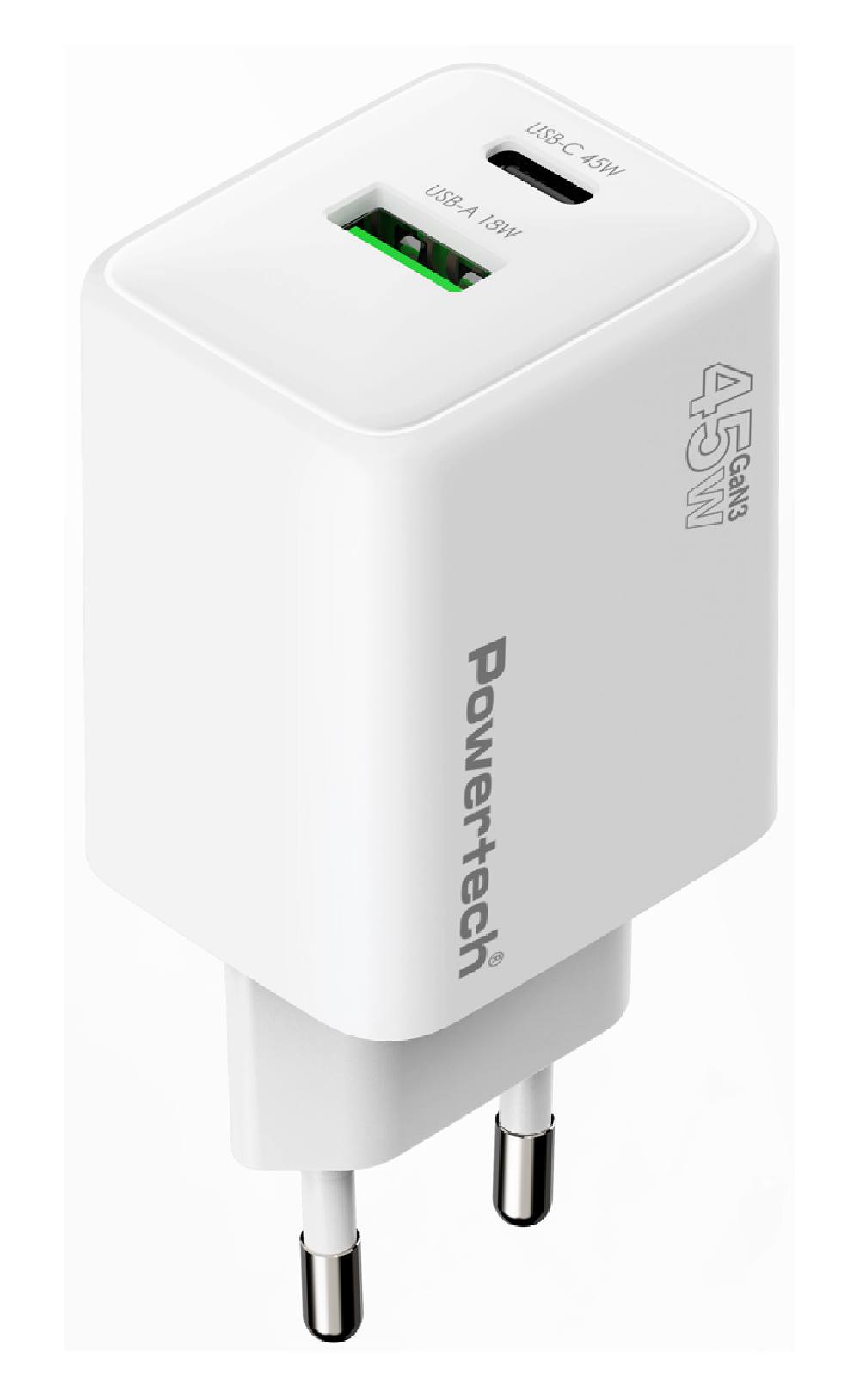 POWERTECH φορτιστής τοίχου PT-1551, USB/USB-C, 45W, GaN, AVS, λευκός