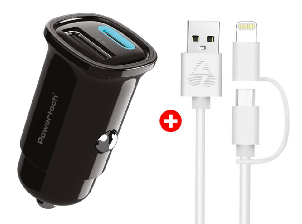 POWERTECH φορτιστής αυτοκινήτου με καλώδιο MFi USB σε micro USB/Lightning BNDL-0206, USB & USB-C, 30W, μαύρο/λευκό
