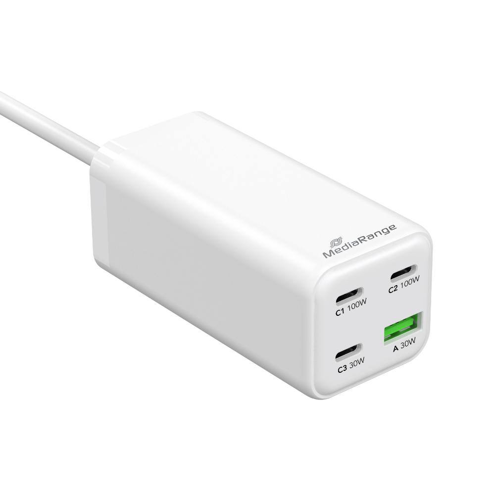 MediaRange 100W GaN Fast Charging Station, 1.5m Cable (EU-Plug), 3x USB-C and 1x USB-A, USB-C® Power Delivery and Quick Charge 