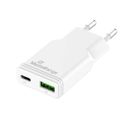 MediaRange 30W GaN Fast Charging Adapter (EU-Plug), 1x USB-C and 1x USB-A, USB-C® Power Delivery and Quick Charge enabled, Whit