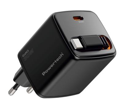POWERTECH φορτιστής τοίχου PT-1571 με πτυσσόμενο καλώδιο, USB-C, 30W, GaN, μαύρος