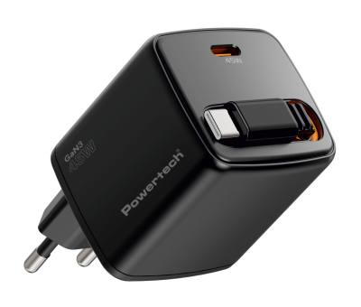 POWERTECH φορτιστής τοίχου PT-1572 με πτυσσόμενο καλώδιο, USB-C, 45W, GaN, μαύρος