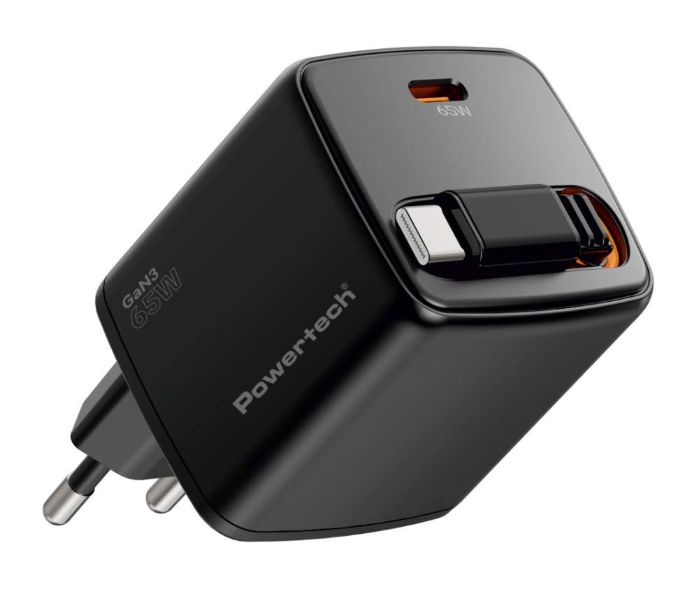 POWERTECH φορτιστής τοίχου PT-1573 με πτυσσόμενο καλώδιο, USB-C, 65W, GaN, μαύρος